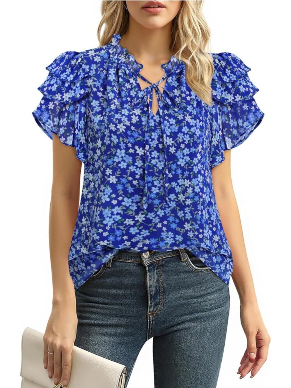 Women's Floral Blue Short Sleeve Casual Blouses Imported Ruffle Tops Shirts